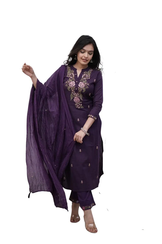 Women's Cotton embroidery work kurta pant with mulmul dupatta set Size -XXL BazaarBag