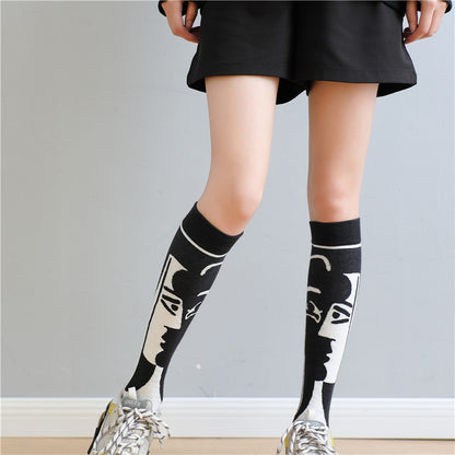 Trendy Cool Calf Socks Female Retro Street Black And White