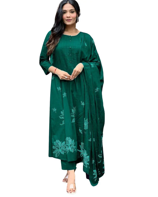 Green Long Kurta having Discharge Floral Print and Printex, Pants & Dupatta Size-L BazaarBag