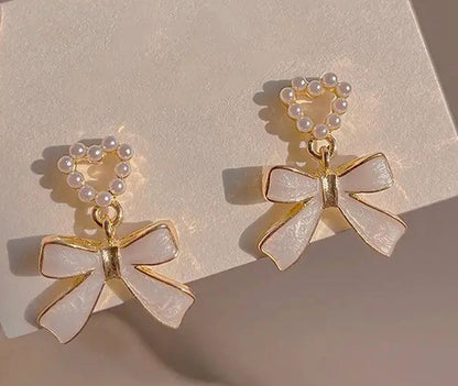 Heart Imitation Pearl Bow Earrings