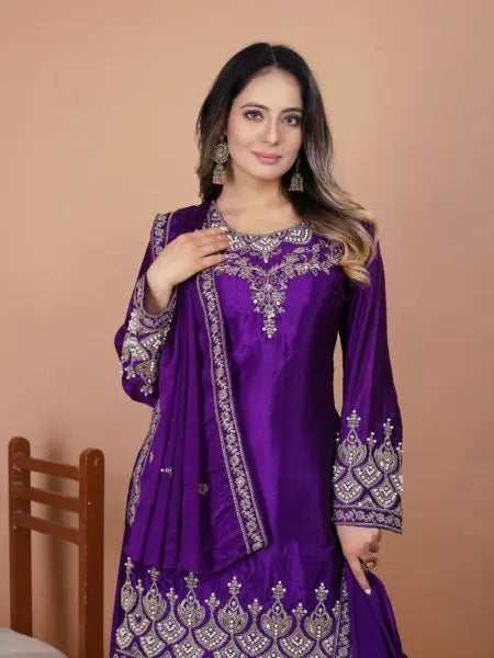 Alluring  Chinon Sharara Suit with Coding Sequins and Moti Work RE