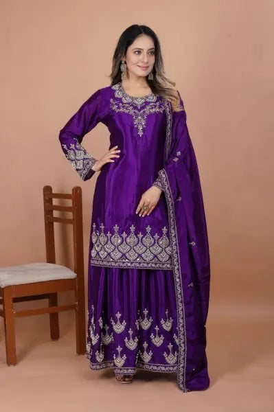 Alluring  Chinon Sharara Suit with Coding Sequins and Moti Work RE