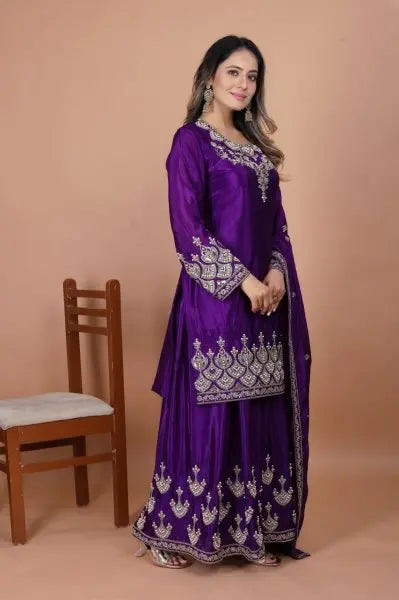 Alluring  Chinon Sharara Suit with Coding Sequins and Moti Work RE
