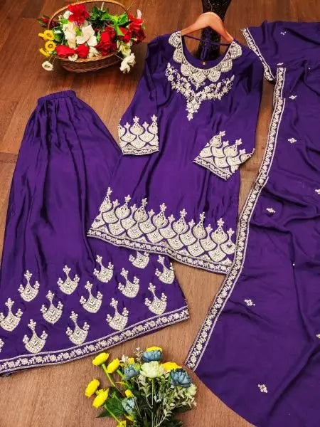 Alluring  Chinon Sharara Suit with Coding Sequins and Moti Work RE