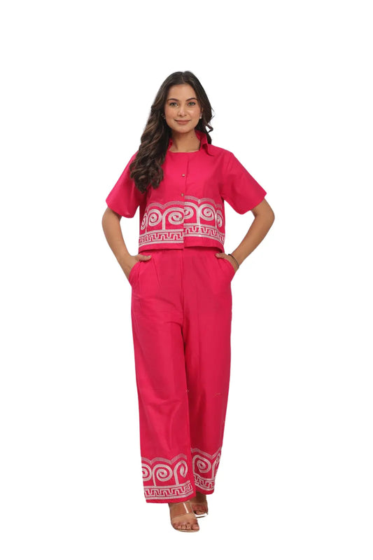 Red Color Embroidered Cotton Co-Ord Set For Women's and Girls Size-M BazaarBag