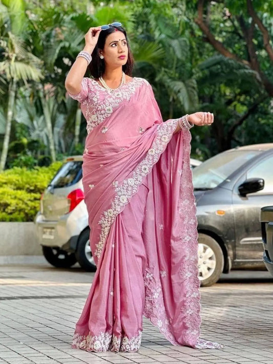 Baby Pink Chinon Silk Embroidered Saree Party Wear with Designer Blouse RE