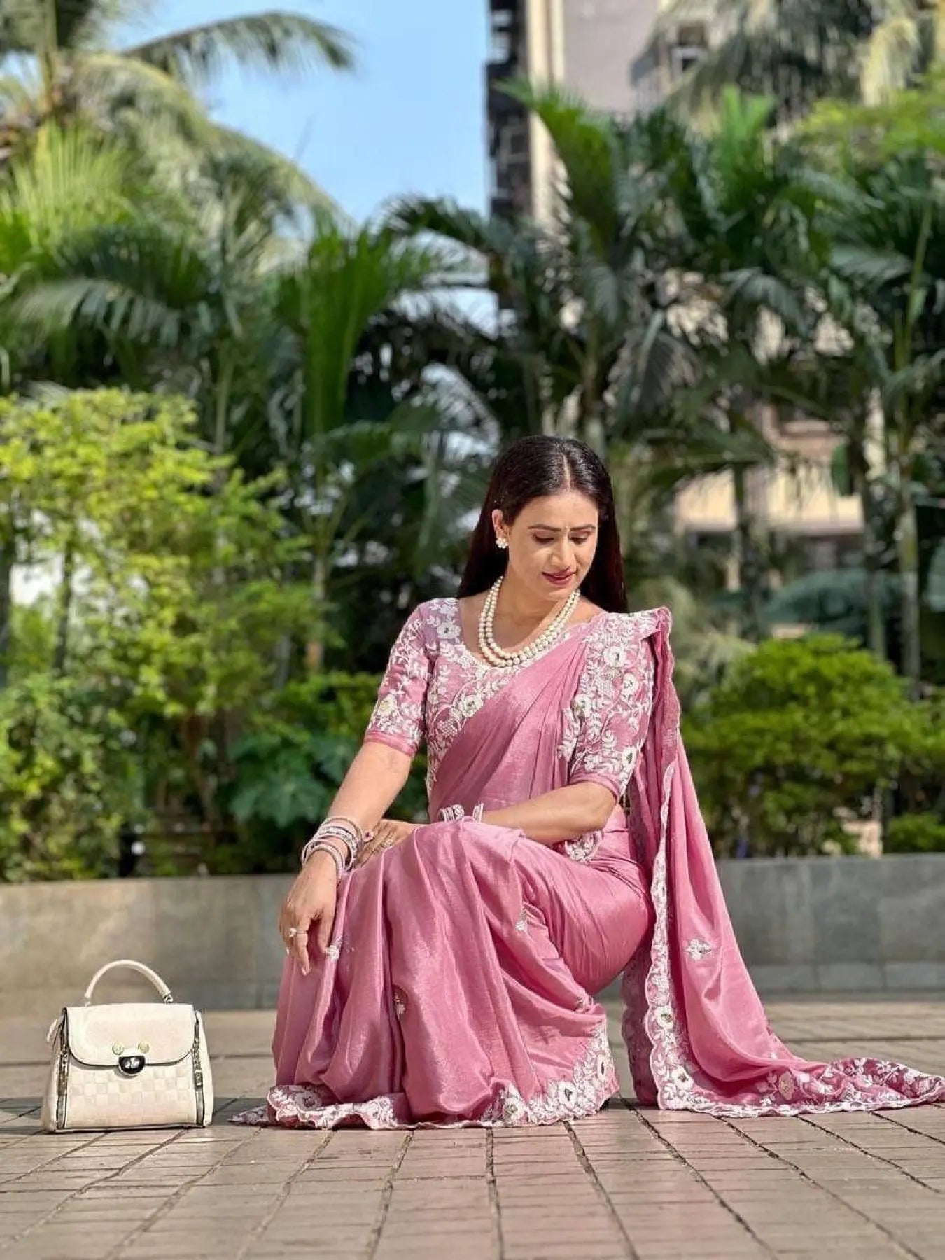 Baby Pink Chinon Silk Embroidered Saree Party Wear with Designer Blouse RE