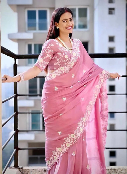 Baby Pink Chinon Silk Embroidered Saree Party Wear with Designer Blouse RE