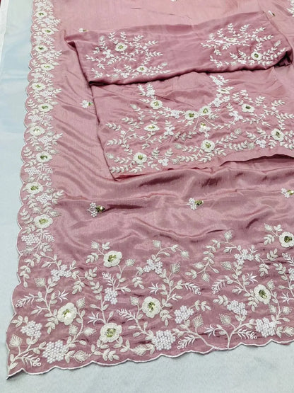 Baby Pink Chinon Silk Embroidered Saree Party Wear with Designer Blouse RE