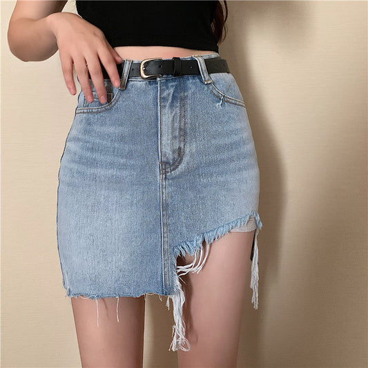 Denim Skirt Women Retro Irregular High Waist