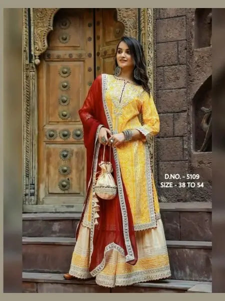 Premium Rayon 14 Kg Sharara Set with Embroidered Kurti, Chiffon Dupatta & Potli Bag RE
