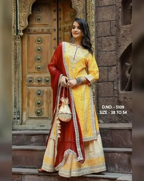 Premium Rayon 14 Kg Sharara Set with Embroidered Kurti, Chiffon Dupatta & Potli Bag RE
