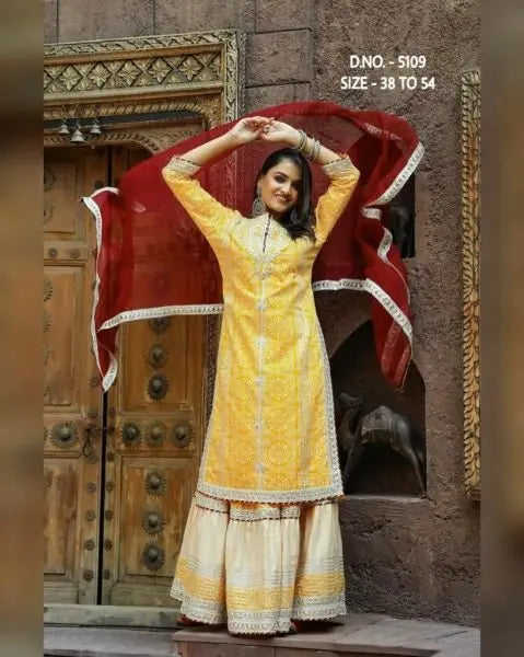 Premium Rayon 14 Kg Sharara Set with Embroidered Kurti, Chiffon Dupatta & Potli Bag RE