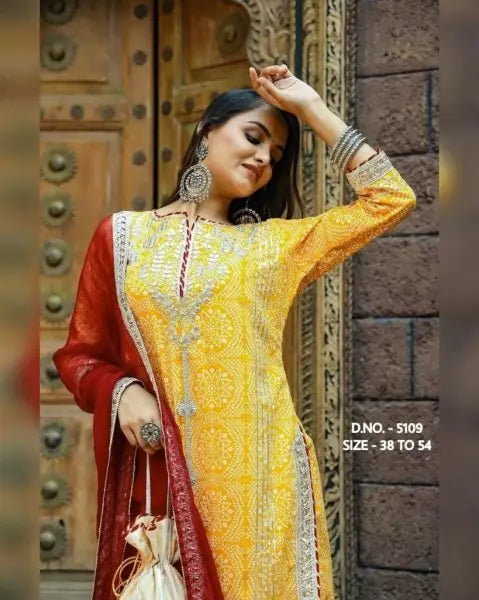 Premium Rayon 14 Kg Sharara Set with Embroidered Kurti, Chiffon Dupatta & Potli Bag RE