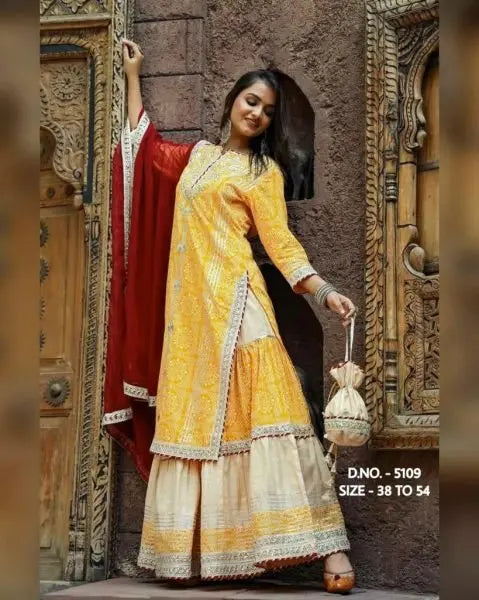 Premium Rayon 14 Kg Sharara Set with Embroidered Kurti, Chiffon Dupatta & Potli Bag RE
