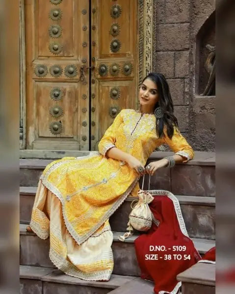 Premium Rayon 14 Kg Sharara Set with Embroidered Kurti, Chiffon Dupatta & Potli Bag RE
