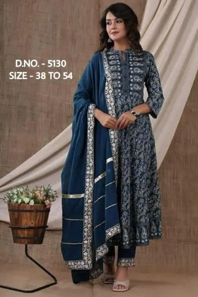 Beautiful Pure Cotton Cambric Long Length Kurti Pant With Chiffon Dupatta RE