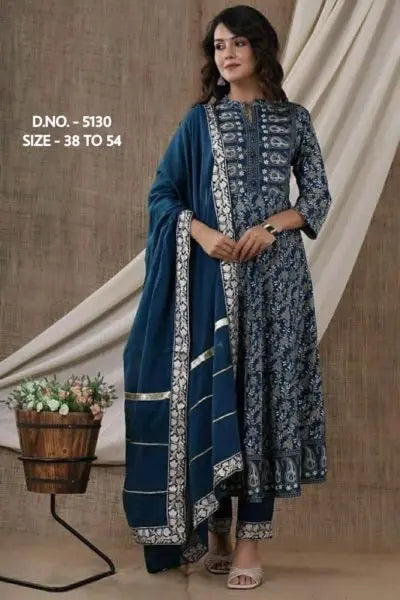 Beautiful Pure Cotton Cambric Long Length Kurti Pant With Chiffon Dupatta RE
