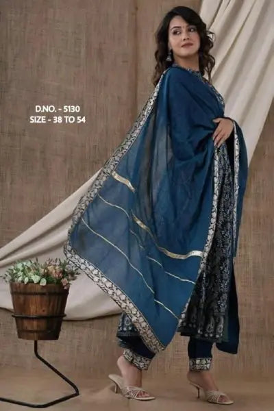 Beautiful Pure Cotton Cambric Long Length Kurti Pant With Chiffon Dupatta RE