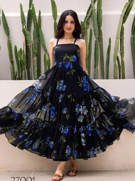 Black Floral Georgette Maxi Dress Holiday Ready Style RE