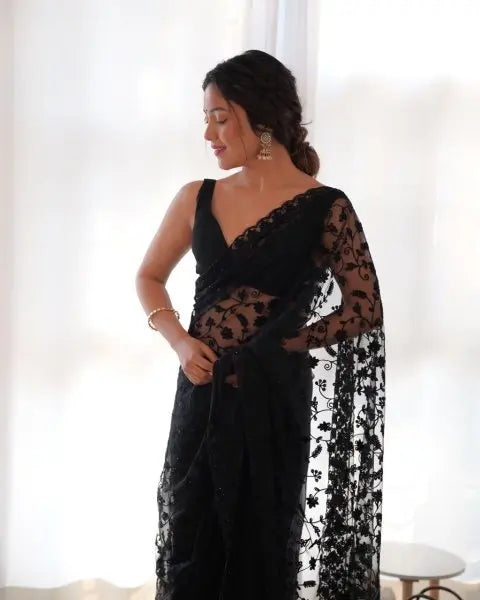Black, Red & White Butterfly Net Sarees – Party Wear & Wedding Collection with Embroidery, Cutwork, Chain Stitch & Stone Work Glam Drape RE