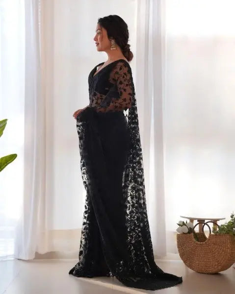 Black, Red & White Butterfly Net Sarees – Party Wear & Wedding Collection with Embroidery, Cutwork, Chain Stitch & Stone Work Glam Drape RE