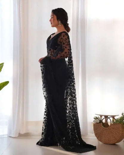Black, Red & White Butterfly Net Sarees – Party Wear & Wedding Collection with Embroidery, Cutwork, Chain Stitch & Stone Work Glam Drape RE