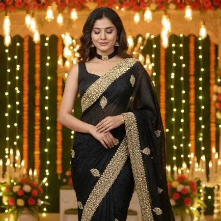 Black Silk Saree with Embellished Diamond Detailing for Party Wear RE