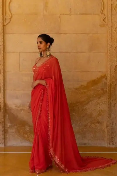 Bollywood Celebrity Inspired Yellow & Red Georgette Saree – Stylish Designer Party Wear Look RE