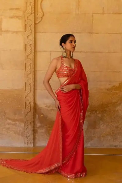 Bollywood Celebrity Inspired Yellow & Red Georgette Saree – Stylish Designer Party Wear Look RE