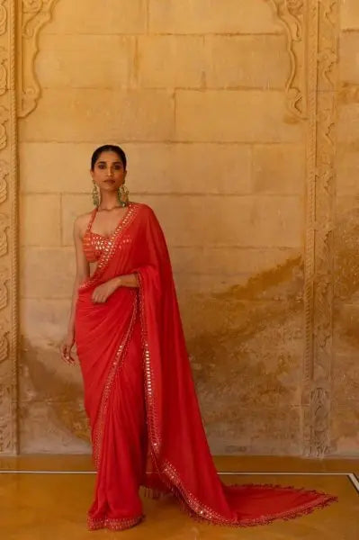 Bollywood Celebrity Inspired Yellow & Red Georgette Saree – Stylish Designer Party Wear Look RE