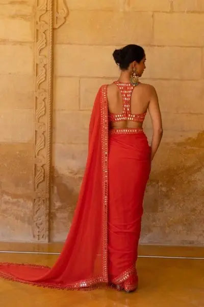 Bollywood Celebrity Inspired Yellow & Red Georgette Saree – Stylish Designer Party Wear Look RE