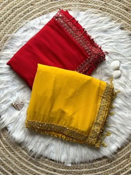Bollywood Celebrity Inspired Yellow & Red Georgette Saree – Stylish Designer Party Wear Look RE