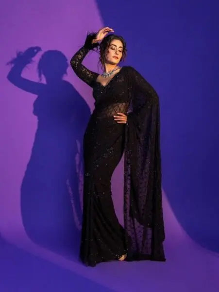 Bollywood Style Black Soft Net Sequence Saree RE
