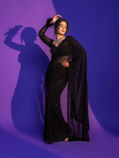 Bollywood Style Black Soft Net Sequence Saree RE