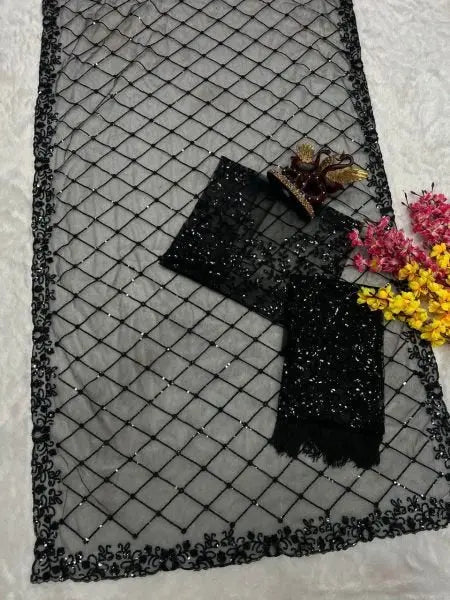Bollywood Style Black Soft Net Sequence Saree RE