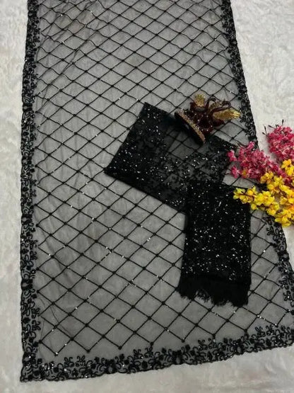 Bollywood Style Black Soft Net Sequence Saree RE
