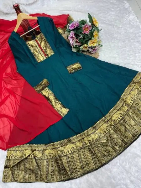 Vichitra Silk Embroidered Kurti Set with Jacquard Lace Dupatta for Weddings/Silk Long Sleeve Kurti /At Low Price/Festive Wear/ RE