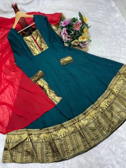 Vichitra Silk Embroidered Kurti Set with Jacquard Lace Dupatta for Weddings/Silk Long Sleeve Kurti /At Low Price/Festive Wear/ RE