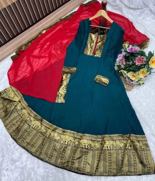 Vichitra Silk Embroidered Kurti Set with Jacquard Lace Dupatta for Weddings/Silk Long Sleeve Kurti /At Low Price/Festive Wear/ RE