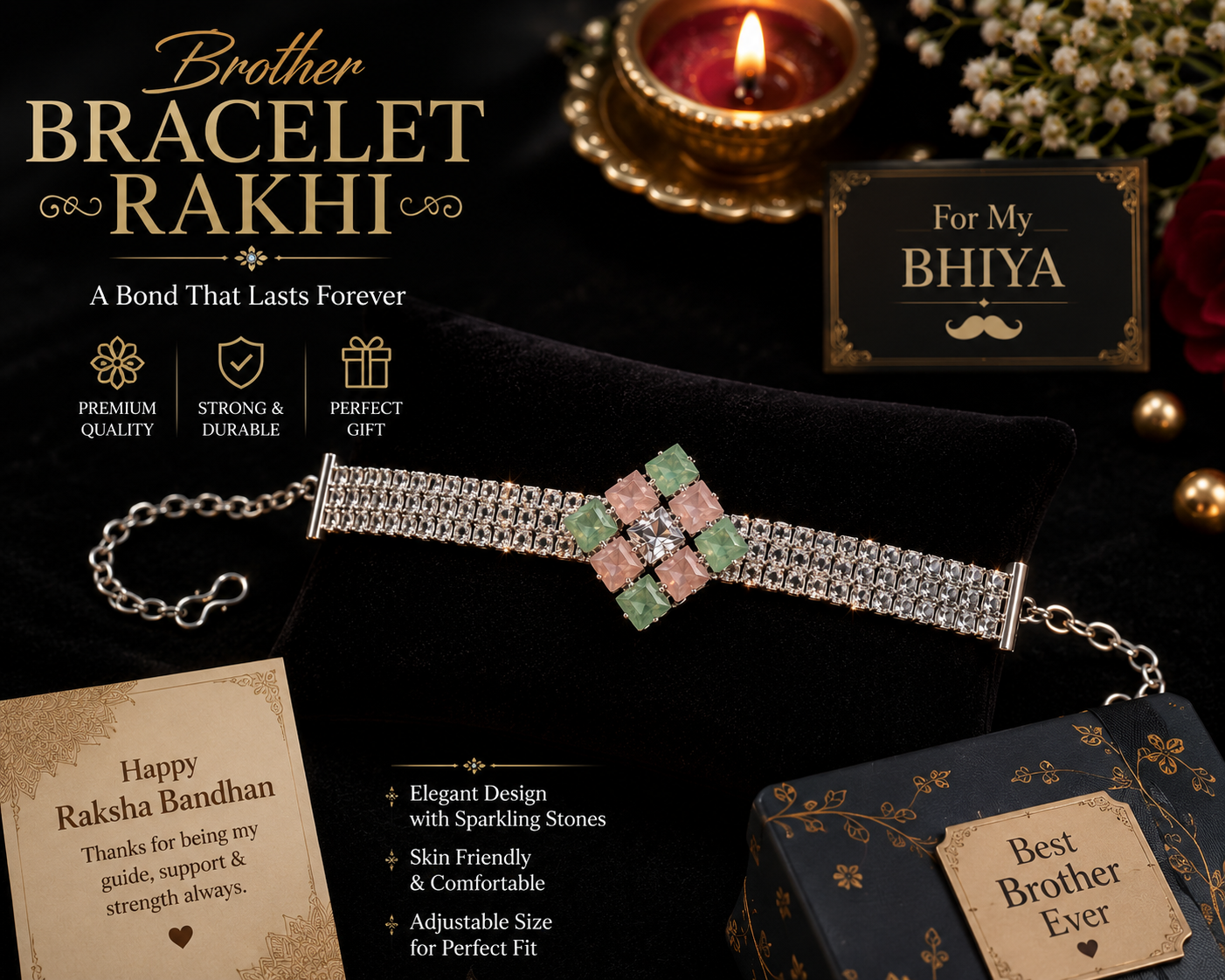 Special Silver AD stone braslet rakhi for brother