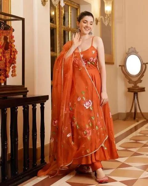 Buy Orange Printed Georgette Anarkali Kurti Set At Manufacturing Rates RE
