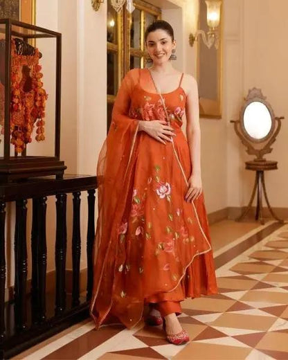 Buy Orange Printed Georgette Anarkali Kurti Set At Manufacturing Rates RE