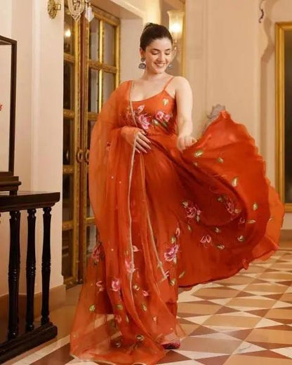 Buy Orange Printed Georgette Anarkali Kurti Set At Manufacturing Rates RE