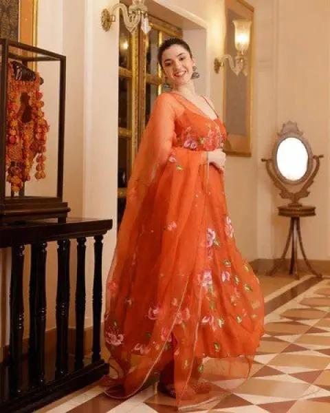 Buy Orange Printed Georgette Anarkali Kurti Set At Manufacturing Rates RE