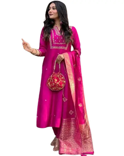 Women'S And Girls Wear Pink Color Roman Silk Embroidered Work A-Line Kurta, Pant and Dupatta Set Size-XXL BazaarBag