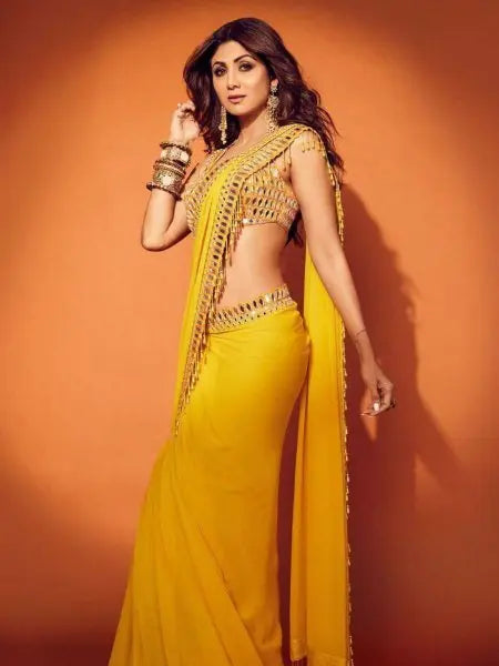 Bollywood Celebrity Inspired Yellow & Red Georgette Saree – Stylish Designer Party Wear Look RE