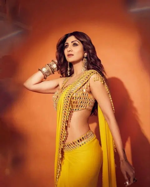 Bollywood Celebrity Inspired Yellow & Red Georgette Saree – Stylish Designer Party Wear Look RE