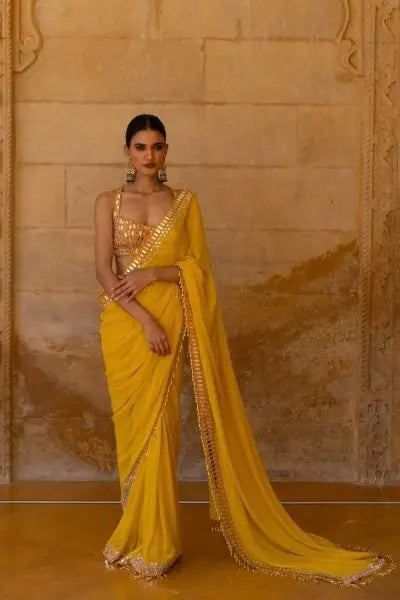 Bollywood Celebrity Inspired Yellow & Red Georgette Saree – Stylish Designer Party Wear Look RE
