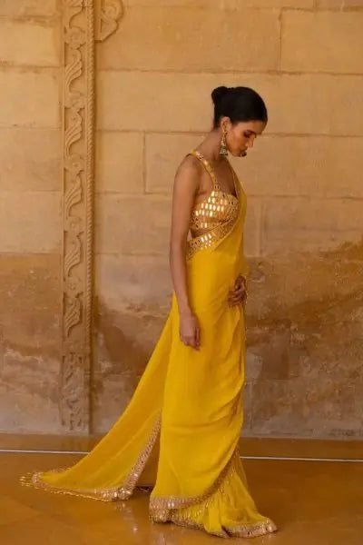 Bollywood Celebrity Inspired Yellow & Red Georgette Saree – Stylish Designer Party Wear Look RE